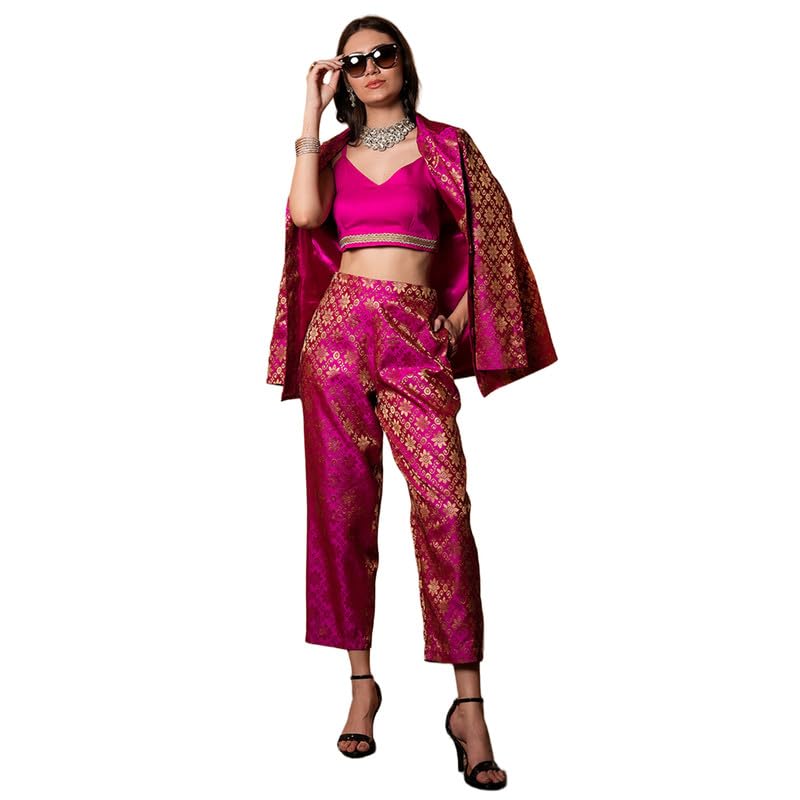 Effortless Boho 3pc Ensemble Set for Women Brocade Blazer Straight Pants Crop Top Front Lace Detailing Smocked Back 100% Polyester Evening Dress-image-15