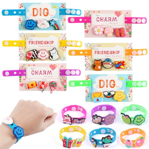 CCINEE Valentines Day Silicone Charm Bracelet with Cards, Valentine Craft Cards Adjustable Rubber Wristbands with Hole for Shoe Charms Party Favors School Teacher Exchange Gifts Classroom Rewards