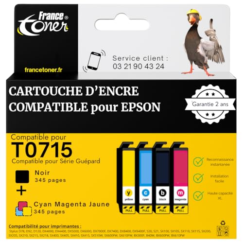 FranceToner - Cartouches Encre Compatibles pour Epson T0715 T0711 T0712 T0713 T0714 – pour Stylus SX400 SX510W BX610FW SX200 DX4400 SX100 SX218 SX515W...