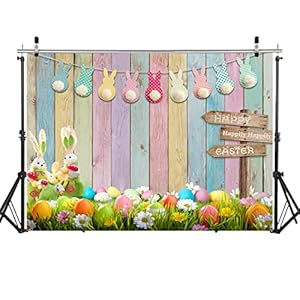 WOLADA 7x5FT Spring Easter Backdrop Happy Easter Colorful Wood Photography Backdrops Easter Theme Photography Backdrop Bunny Rabbit Colorful Eggs Grass Floral Baby Kids Party Decor 12394