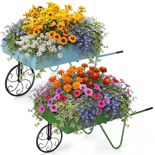 BBTO 2 Pcs Metal Wagon Planter Flower Cart Wheelbarrow Flower Pot Stand with Wheels Handle - Vintage Garden Wagon for Vegetables Herbs Indoor Outdoor Decorative Cart for Home Balcony Patio Backyard