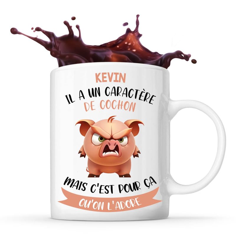 Planetee Mug Kevin Caractère de Cochon | Tasse Prénom Cadeau Anniversaire Noël Humour