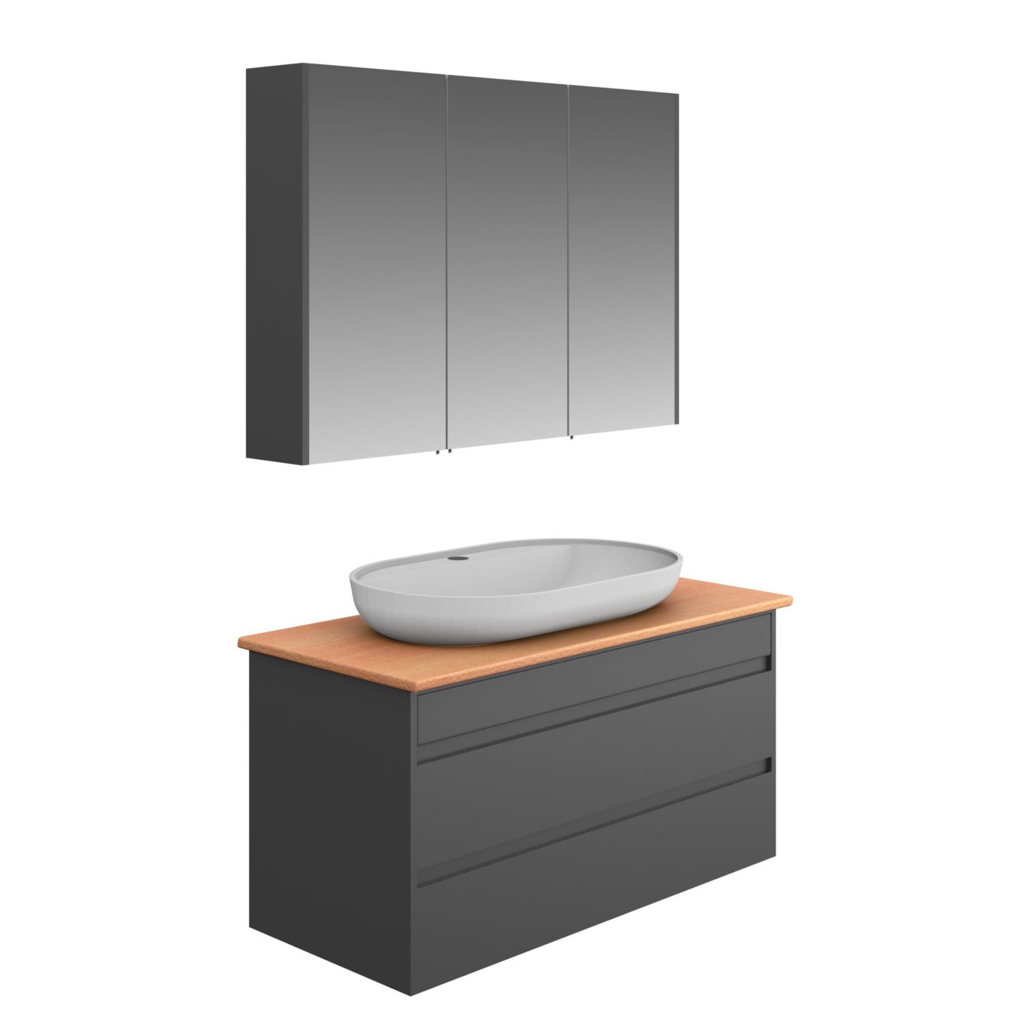 Badezimmermöbel Set Lara Konsole 100 Anthrazit | Keramikwaschbecken | Unterschrank | Spiegelschrank | Softclose-Schubladen & -Türen & unsichtbare Griffe | Moderner Stil | Badmöbel Waschtisch