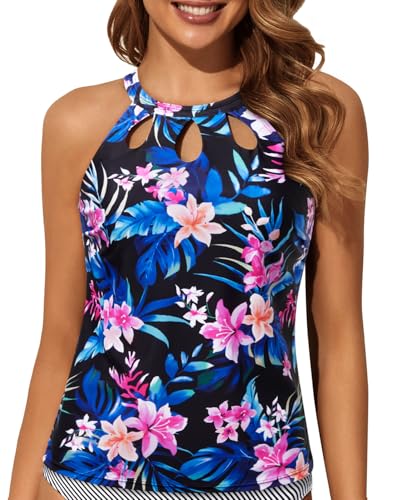Image of Tempt Me High Neck Tankini Top Backless Bathing Suit for Women Key Hole Swimsuit Swim Top Only