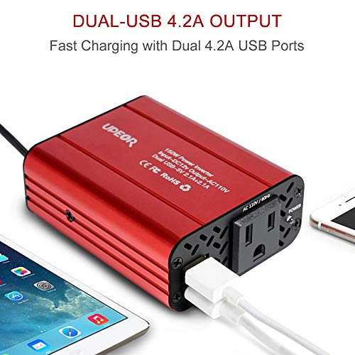 150W Car Power Inverter 12V DC to 110V AC Converter with 4.2A Dual USB Car Charger Adapter Modified Sine Wave Converter with AC Outlet for Car(Red)
