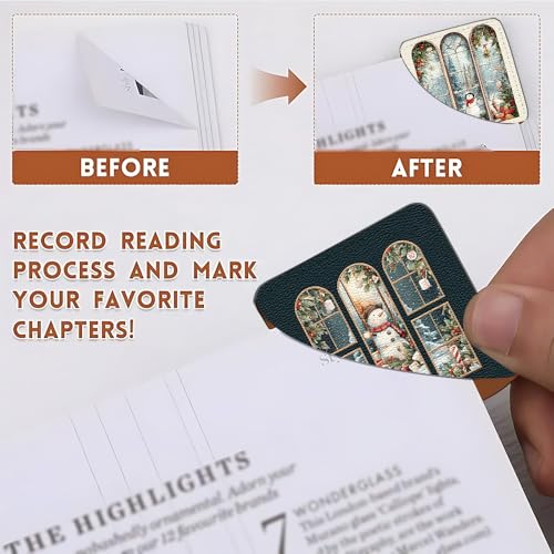 Image of Vintage Snowman Window Corner Bookmarks 2Pcs, Handmade PU Leather Page Markers, Retro Winter Art Stationery Gift for Book Lovers, Kids, Teachers, Aesthetic Reading Accessories 3.54 x 3.54