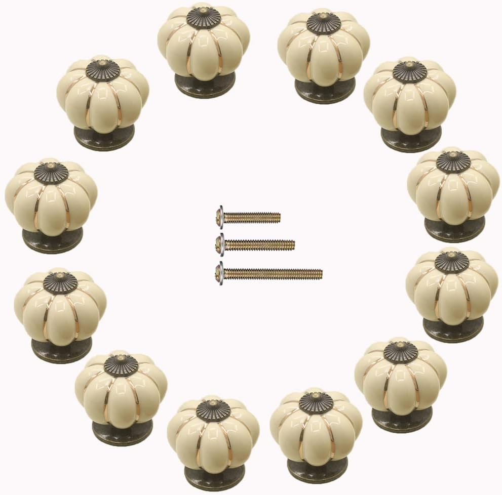 12 Pack Yellow Vintage Ceramic Pumpkin Cabinet Knobs, Drawer Dresser Door Pulls Handles with 3 Kinds of Screws for Kitchen, Cabinets, Cupboard, Bathroom,Wardrobe Closet (12 Pack, Ivory)