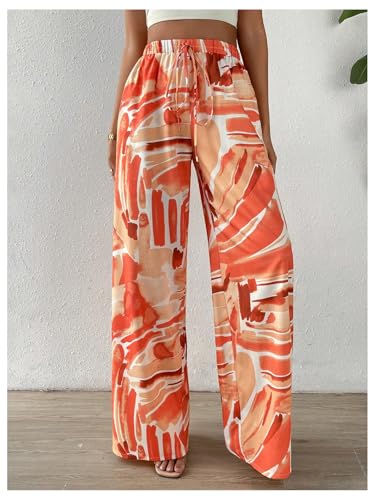 WDIRARA Women's Printed Wide Leg Palazzo Pants Drawstring Elastic High Waisted Trousers4