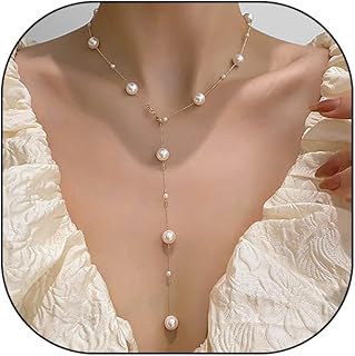 Boho Pearl Y Shape Necklaces for Women Teen Girls,Dainty 14k Gold Plated Pearl Beaded Chain Choker Necklace Trendy Jewelry...