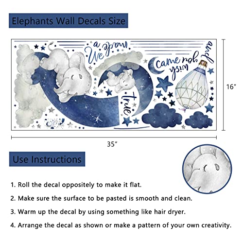 Yovkky Watercolor Blue Grey Sleeping Elephant Wall Decals, We Made A Wish Moon Star Cloud Stickers Hot Air Balloon Nursery Decor, Home Baby Shower Decoration Kids Boy Toddler Bedroom Playroom Art Gift #TOP1