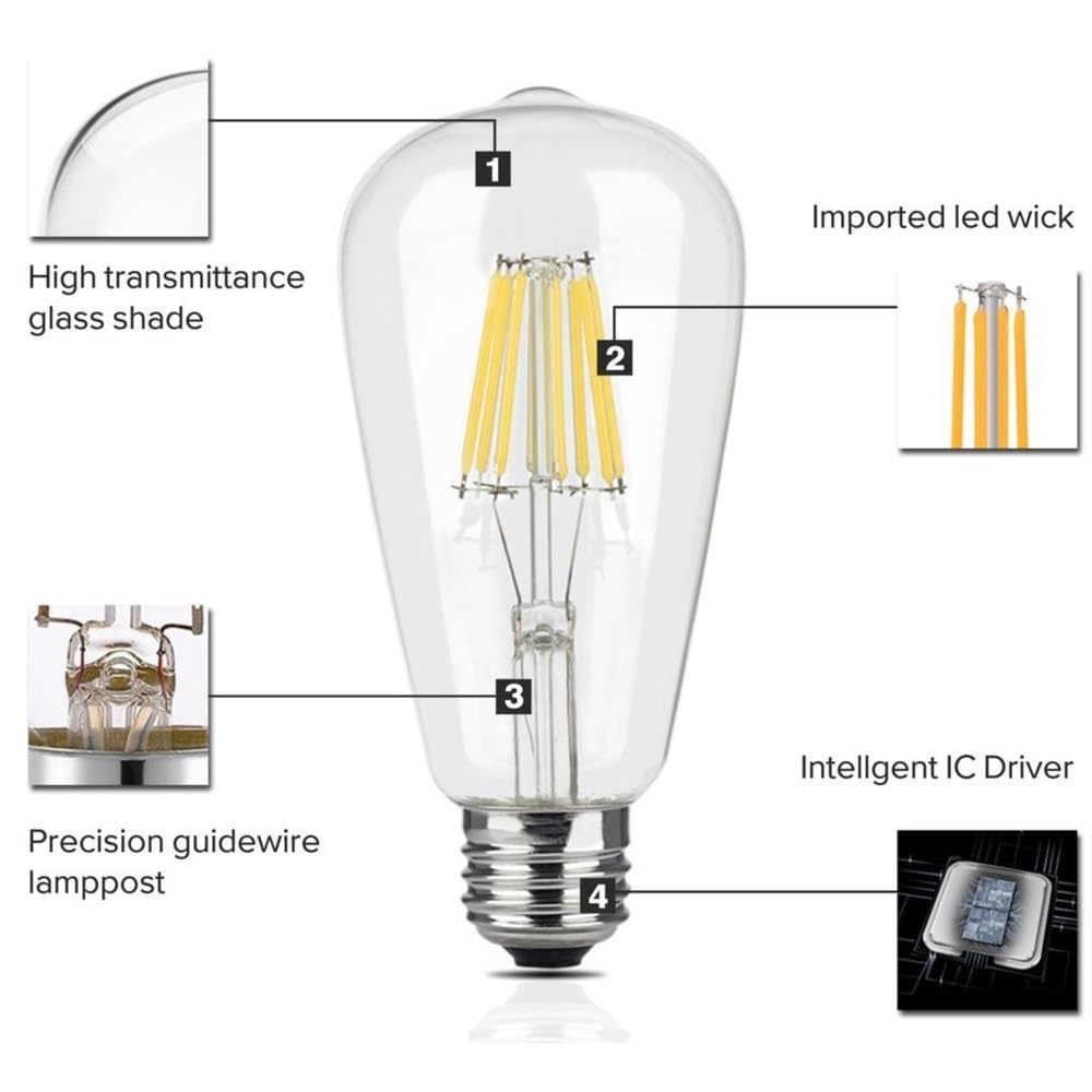 RZL Lighting, Paquete de 10, Bombilla de filamento LED AC220V E27 ST64/A60/G80/G95 lámpara Retro Edison 4W 6W 8W Bombilla Colgante Vintage(G95 E27 220V,4W)