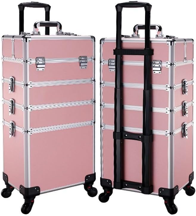 Rolling Nail Makeup Case Wheeled Manicure Storage box with Lock Polish Organizer for Studio or Travelling Beauty Nail Technician Artists Cosmetologist Stylist (Pink silver)