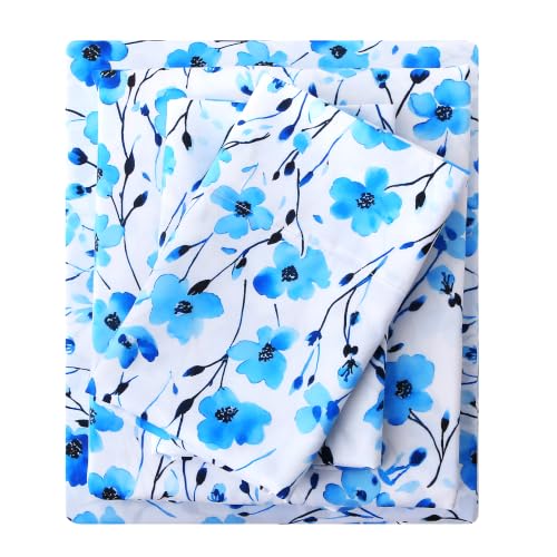 Image of Mooreeke Cozy Floral Blue Microfiber Printed Queen Sheet Set | Soft Breathable Gradient Blue Flower Sheets with Deep Pocket Non-Slip Fitted Floral Printed Queen Bedding for All Seasons