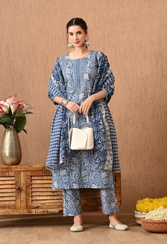 Image of Amazon Brand - Tavasya Women Cotton Anarkali Kurta Pant Dupatta Set | Printed Ethnic Suit Set | Flared Anarkali Kurta with Pant & Dupatta | Festive & Casual Wear