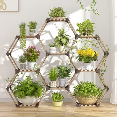 Tikea Hexagonal Plant Stand Indoor Plant Stand for Multiple Plants Outdoor Large Wooden Plant Shelf 6 Tiered 9 Potted Plant Holder Flowers Stand for Patio Balcony Window Living Room