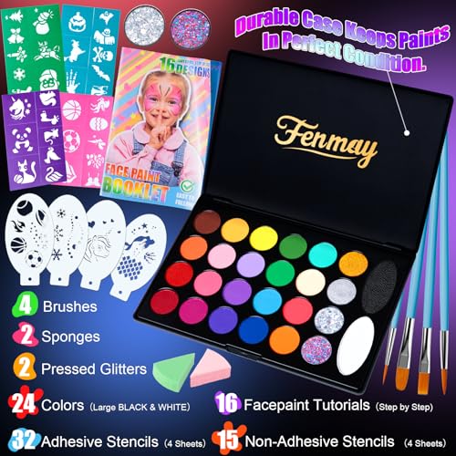 Image of Fenmay Face Painting Kit for Kids, Non-Toxic and Hypoallergenic Face Paint Makeup Kit| with Stencils, Book, Easy to Use and Safe for Kids, Fun for Halloween, Birthday Party, School Event