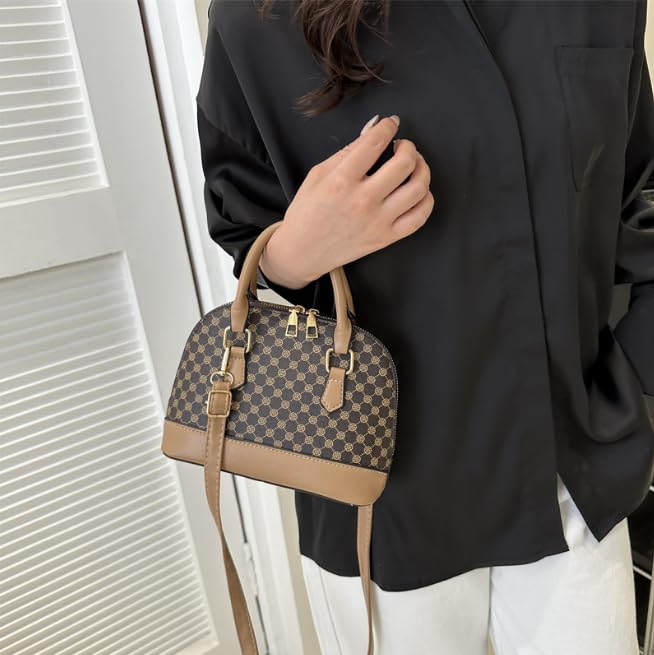 Designer Shell Dome Handbag, Monogram Pattern, Brown Leather Trim, Crossbody Strap3