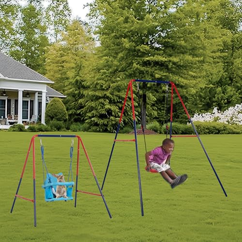 VeroFree Green & Blue 2-in-1 Baby Swing Set – Mental Plastic Safe Swing for Outdoor Playground, Ages 3 +, Supports 110lbs (Blue + Red)