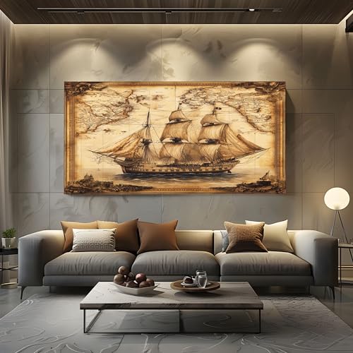 Historisches Segelschiff Wandbilder Dekoration Wohnzimmer Leinwand Bilder 60x120cm Rahmenlos Segel Wellen Leinwandbild Schlafzimmer Deko, Groß...