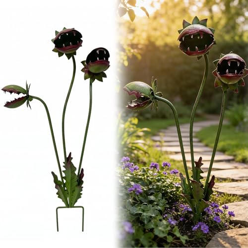 Whimsical Metal Carnivorous Plant Garden Stake Giant Venus Flytrap Monster-Shaped Garden Ornament 25-inch Handcrafted Perfect for Flower Beds and Lawns Unique and Charming