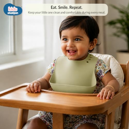 Image of Kids Station Silicone Baby Bib for Feeding & Weaning BPA Free, Soft Adjustable Neckline with Buttons, Washable & Reusable, Ideal for Babies & Toddlers 6 to 36 Months - Green