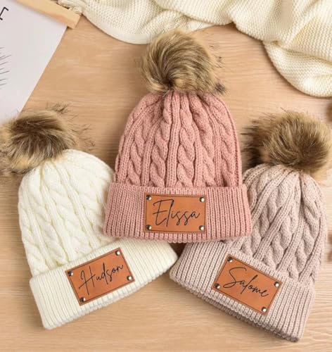 Personalize Baby Pom Beanie with Name, Custom Newborn Leather Patch Baby Beanie Hat, Custom Newborn Hat Gifts4