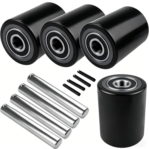 Image of Heavy Duty Pallet Jack Load Wheels Replacement Kit (2 Pairs / 4 Wheels) - 3 inch x 3.75 inch (74.5mm x 93mm) Polyurethane Tread, Pre-Installed 20mm Bearings w /Axles & Pins (Black)