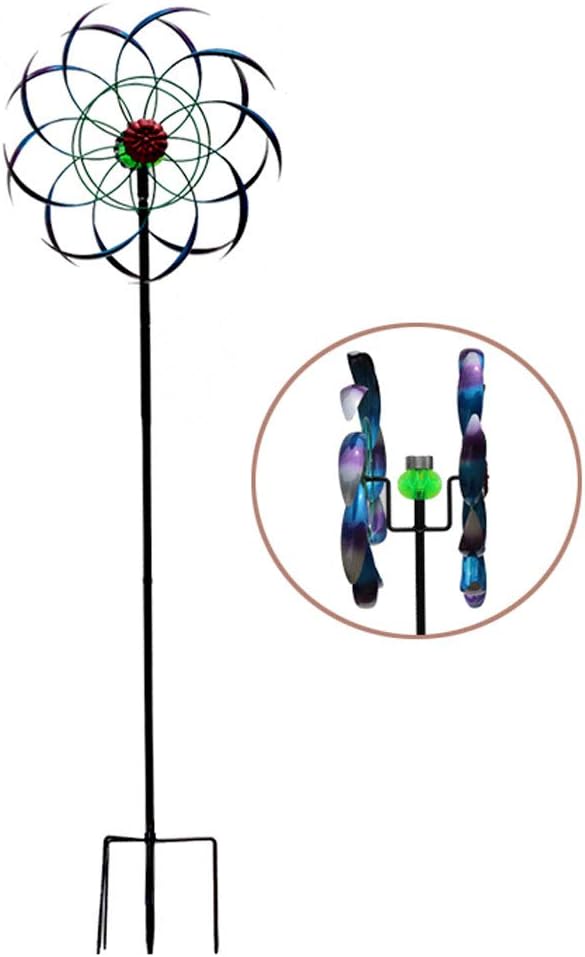Outdoor Garden Wrought Iron Solar Double Sided Windmill with Solar Decorative Lights Colourful Wind Leaves Multicoloured LED Lighting Windmill for Patio Lawn Garden