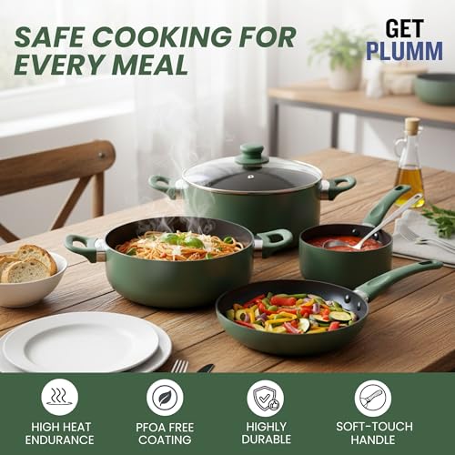 Image of Get Plumm Non-Stick Ceramic Cookware Set | Cooking Pot, Kadhai, Fry Pan & Sauce Pan | 20-20-20-16cm | Induction & Gas Compatible | Emerald Green