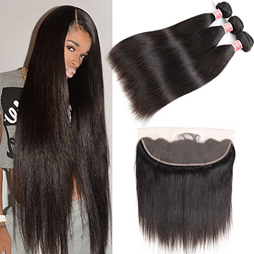 Pizazz Hair Brazilian Straight Hair 3 Bundles With Frontal Closure 13x4 Ear To Ear Lace Frontal With Bundles 9A Unprocessed Virgin Human Hair Bundles with Closure (16 16 16+14(13x4))