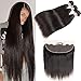 Pizazz Hair Brazilian Straight Hair 3 Bundles With Frontal Closure 13x4 Ear To Ear Lace Frontal With Bundles 8A Unprocessed Virgin Human Hair Bundles with Closure (16 16 16+14(13x4))