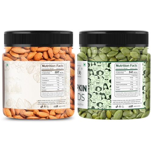Image of LILA DRY FRUITS Almonds Pumpkin Seeds Combo Pack 100 Gms x 2 | Premium Badam & Pumpkin Seeds Mix | Healthy Snacks, Protein Rich Nuts & Seeds for Daily Nutrition Perfect for Gifting
