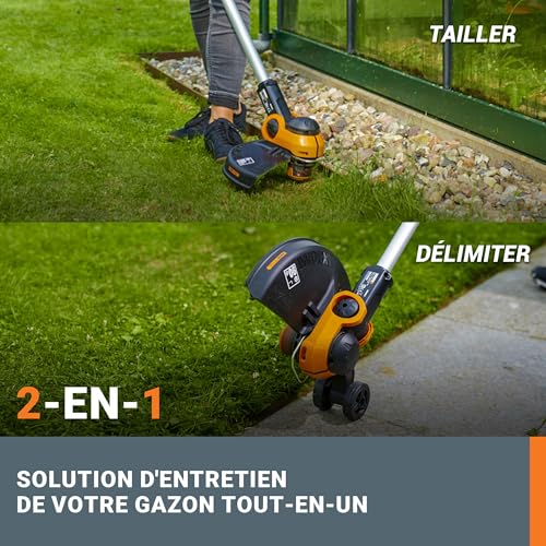 WORX Coupe Bordures 2 en 1 sans Fil 20V WG163E se transforme en dresse Bordures diamètre de 30cm poignée amovible Capot de Protection Tête amovible Livré avec deux Batteries 2Ah et Chargeur - vue 5