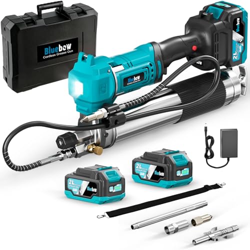 Bluebow 21V Cordless Electric Grease Gun Kit, 12000 PSI Battery Powered Grease Gun, 7.05 oz/min, 2×4000mAh Batteries, LED Light, 39.4' Hose, Lightweight for Farm, Truck, Tractor