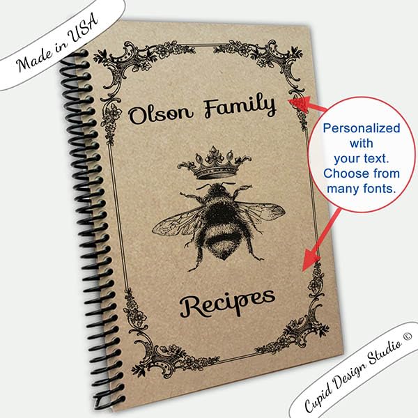 Cupid Design Studio Queen bee journal spiral notebook, personalized bee recipe book, 5.5x8.5 Handmade gift (Recipe pages)      Office Product
