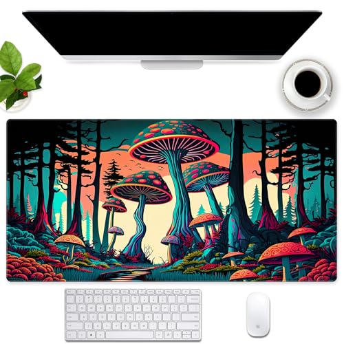 Extended Large Gaming Desk Mat Magical Mushroom Forest Mouse Pad with Stitched Edges, 80.0 cm x 39.9 cm Full Desk Keyboard and Mouse Pad Anti Slip Computer Laptop Desk Pad Work Home Desk Accessories