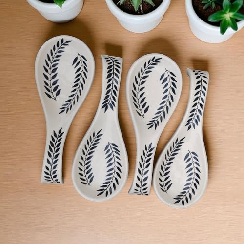 Image of Malaikah Ceramic Spoon Rest Black 2 Leaf Pack of 4 for Home, Kitchen, Dining, Kitchen Decor & Gifting