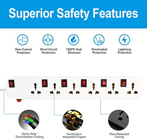 Image of FEDUS 13 Feet Long Extension Board Extension Box | Spike Guard 6 Socket 6 Switch Junction Box with Switch, Extension Cords Cord, Spike Buster, Extension Board with 4m Wire (6 Socket 6 Switch), White