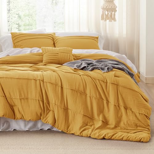 Image of Bedsure California King Comforter Set - 4 Pieces Pinch Pleat Bed Set, Mustard Yellow Boho Bedding for All Season, 1 Soft Comforter, 2 Pillowcases, 1 Decorative Pillow
