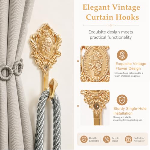 Image of HASTHIP BrandName wall Hooks Vintage zinc Alloy Curtain Holdback Hooks with Ornate Golden Finish, Decorative Embossed Design, Durable Metal Construction, Easy Mounted Installation for Window Styling