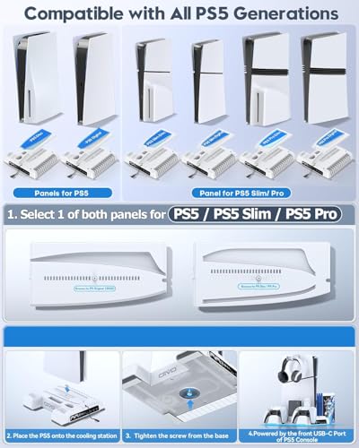 Image of PS5 /Slim /Pro Stand and Cooling Station with LED Controller Charging Station for PlayStation 5 Console, Controller Charger, Cooling Stand, PS5 /Slim /Pro Skin Accessories Kit with 3 Level Cooler Fan