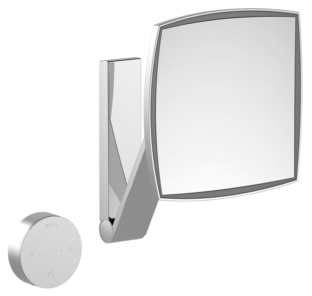 Keuco Specchio ingranditore da parete braccio inclinabile, illuminazione LED variabile, ingrandimento 5x, passacavo sottotraccia, 20x20 cm, quadrato, cromato, iLook_move