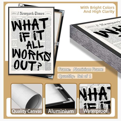 Image of Retro Black And White Newspaper Poster What If It All Works Out Canvas Wall Art Positive Affirming Quote Minimalist Prints Painting For Home Bedroom Dorm Wall Decor 12x18in Framed