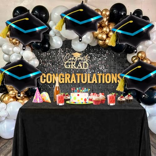 Image of 6 Pcs Graduation Cap Balloons, Large Academic Cap Shaped Black Mylar Graduation Foil Balloons, Grad Hat balloons for 2026 Graduation Party Decorations (Black Blue)