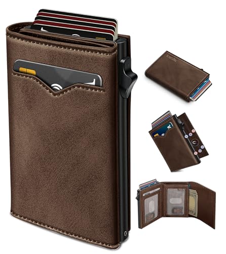 Image of miyozi Wallet for Men,with Cash Pocket 2 ID Window 9-13 Cards,Metal Case Smart Slim Pop Up Credit Card Holder Flip with Magnetic Closure RFID Blocking Trifold wallet with Gift Box