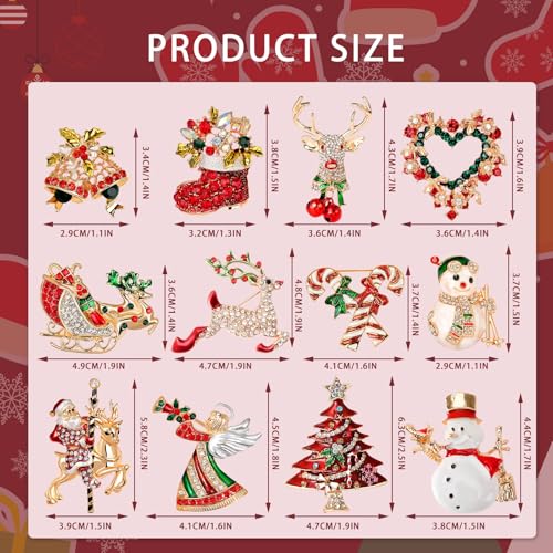 Image of 12 Pcs Christmas Pins and Brooches for Women | Rhinestone Crystal Brooches, Sparkling Christmas Jewelry Gift for Women, Holiday Party Ladies Accessories