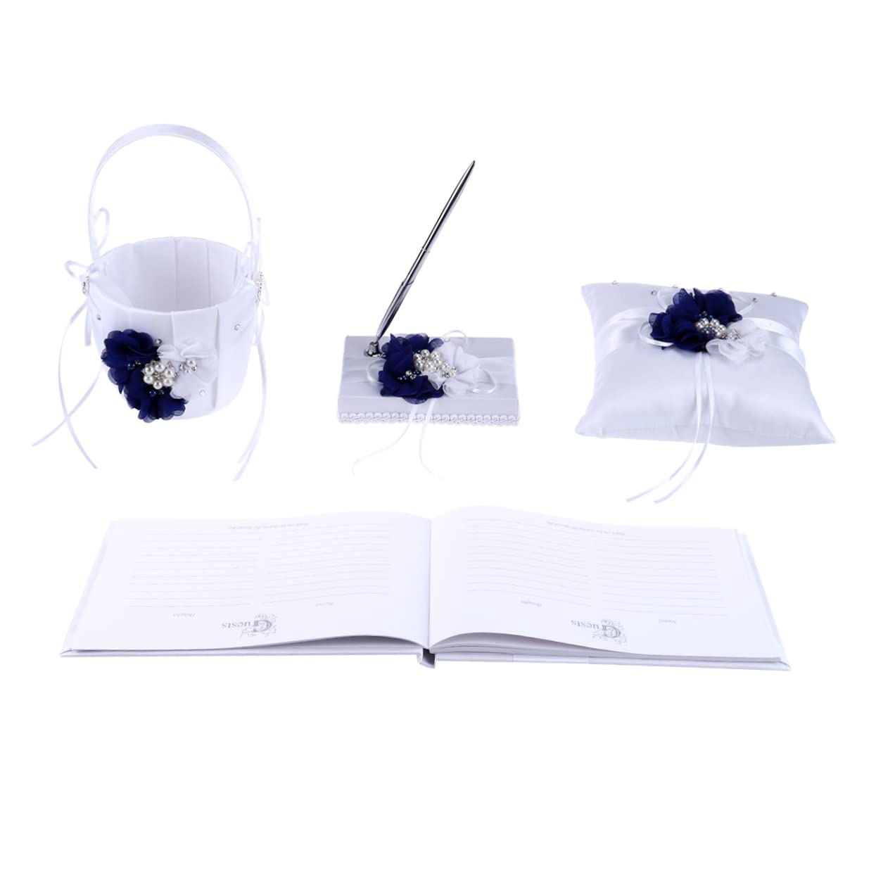 CIMAXIC Bride Ring Pillow Flower Girl Basket Set 4pc Wedding Supplies Notebook and Pen Holder