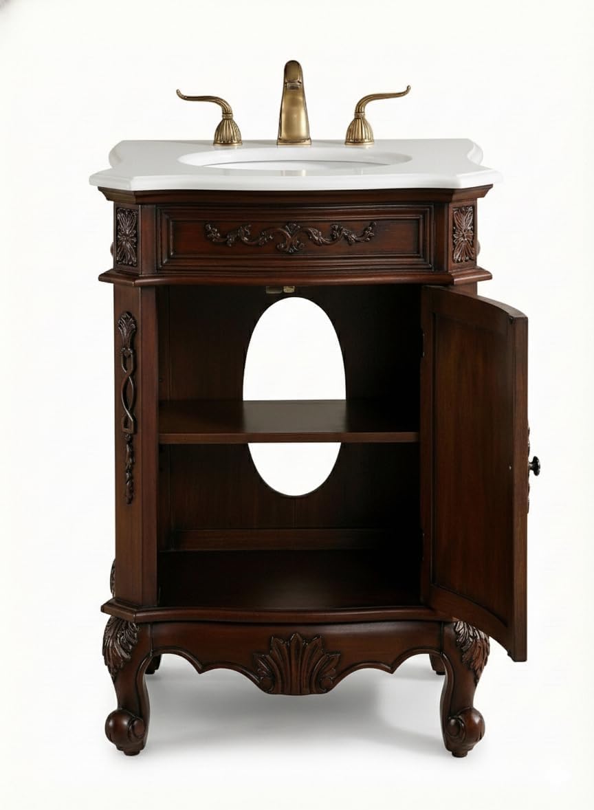 Benton Collection 24 Inch Debellis Bathroom Vanity with Matching Mirror, Antique Traditional Style, White Stone Top, Single Sink, 1 Cabinet, Fully Assembled