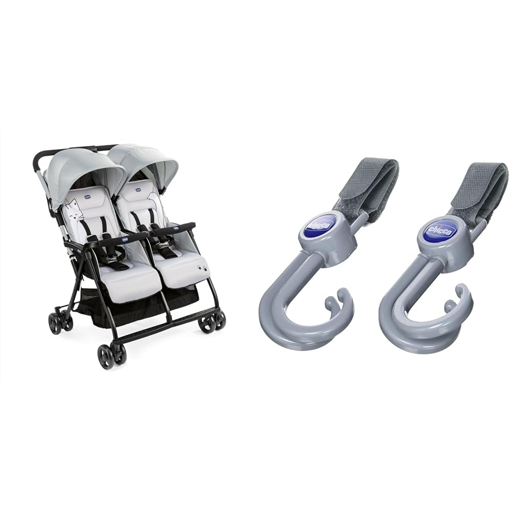 Chicco OHlalà Poussette Canne Double, Poussette pour Jumeaux de la Naissance à 15 kg, Fermeture Compacte, Inclus une Housse de Pluie, Capote Extensible - Rouge & Crochet Universel pour Poussette, Noir