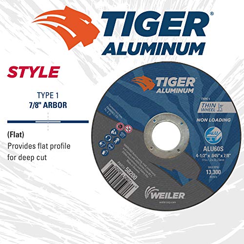 Image of Weiler 58200 4-1 /2 Inch Cutting Wheel, Tiger Aluminum Non-loading Contaminant-free High Performance Cutting, .045 inch ALU60S Type 1 7 /8 inch Arbor, Pack of 25